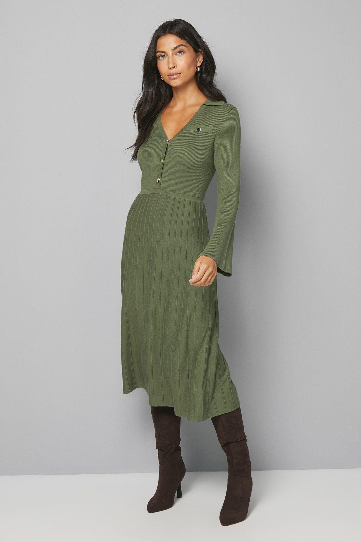 Statement Button Pleated Knitted Dress by WALLIS