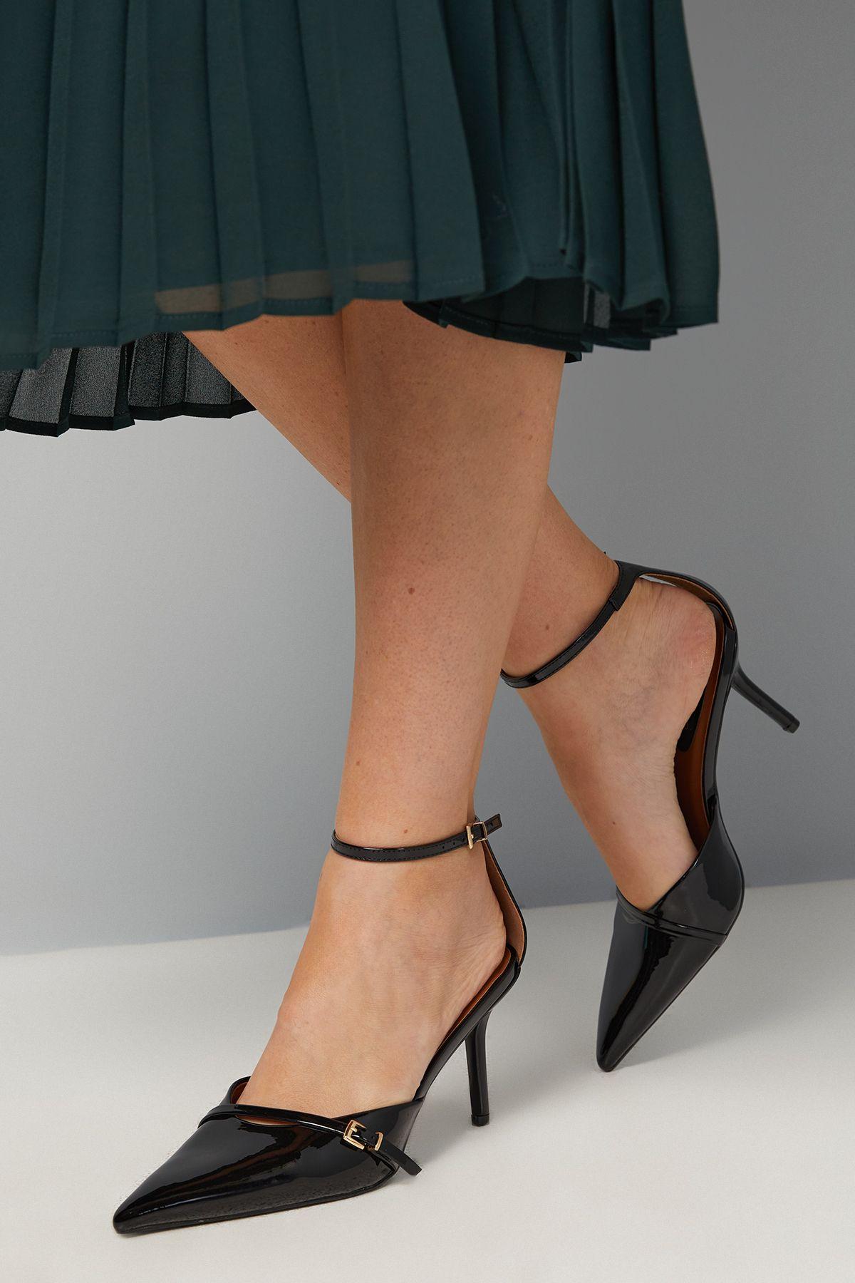 Tilly Faux Patent Leather Buckle Detail Pointed High Stiletto Heel Court Shoes by WALLIS