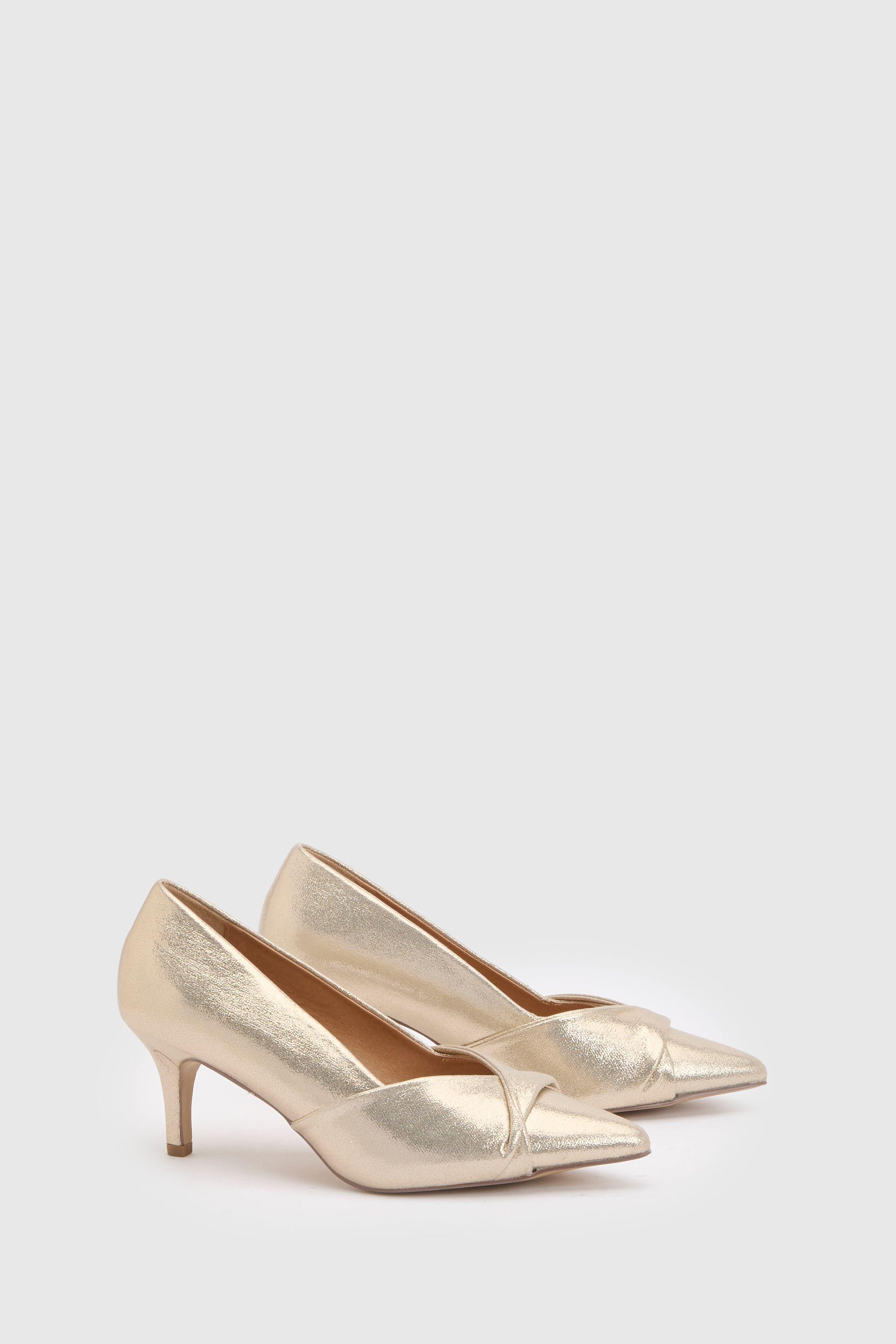 Wide Fit Delina Metallic Textile Twist Front Kitten Heel Comfort Sock Court Shoes by WALLIS