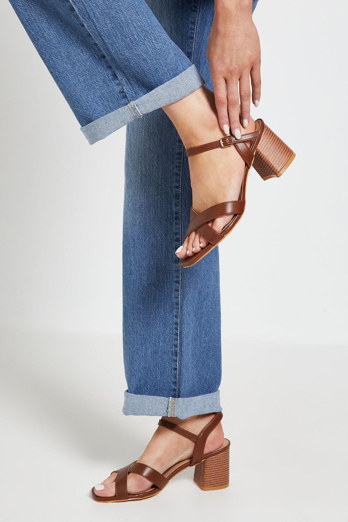 Wide Fit Samiyas Faux Leather Cross Strap Casual Medium Block Heeled Sandals by WALLIS
