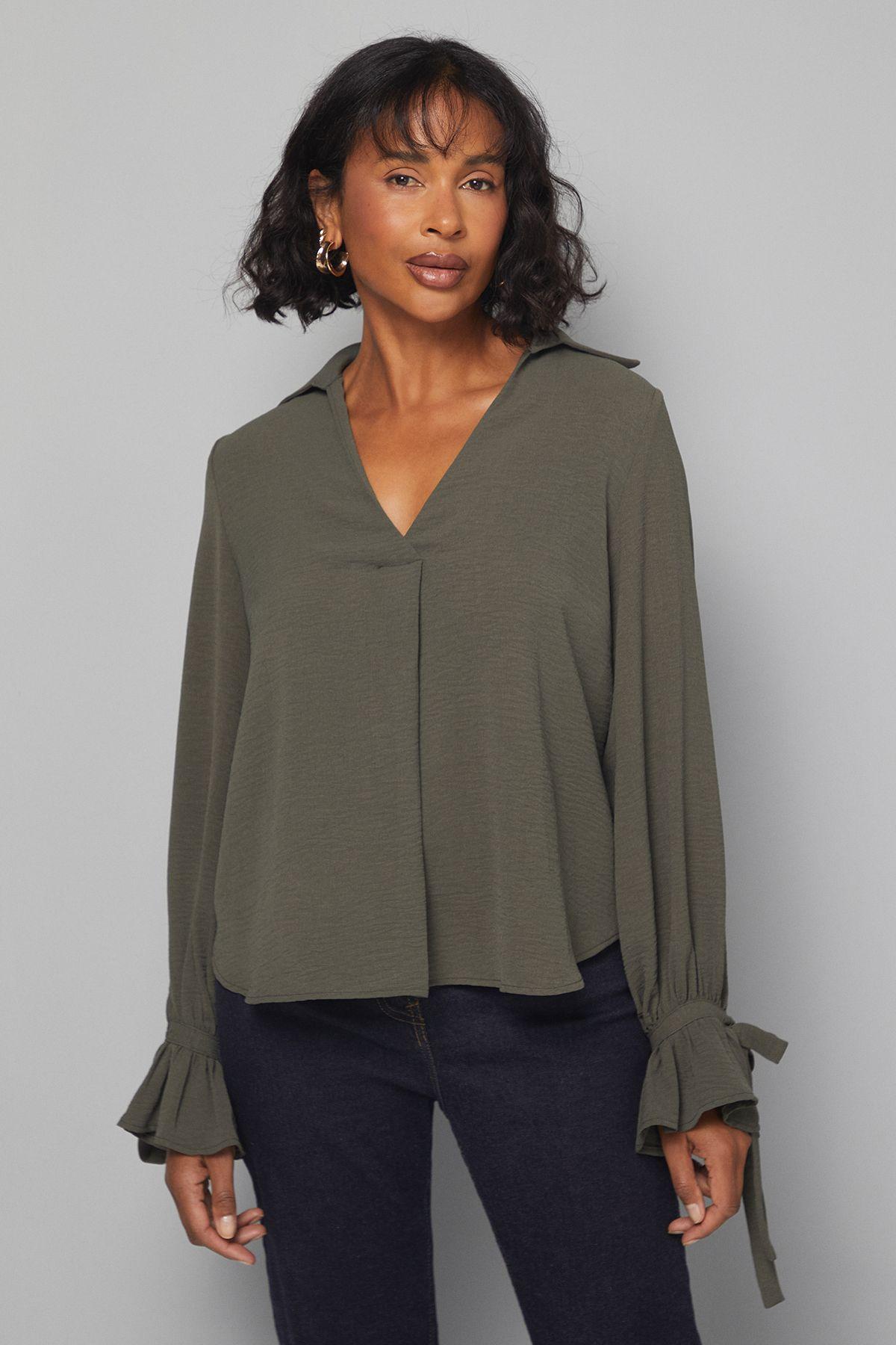 Woven Tie Cuff V Neck Shirt by WALLIS