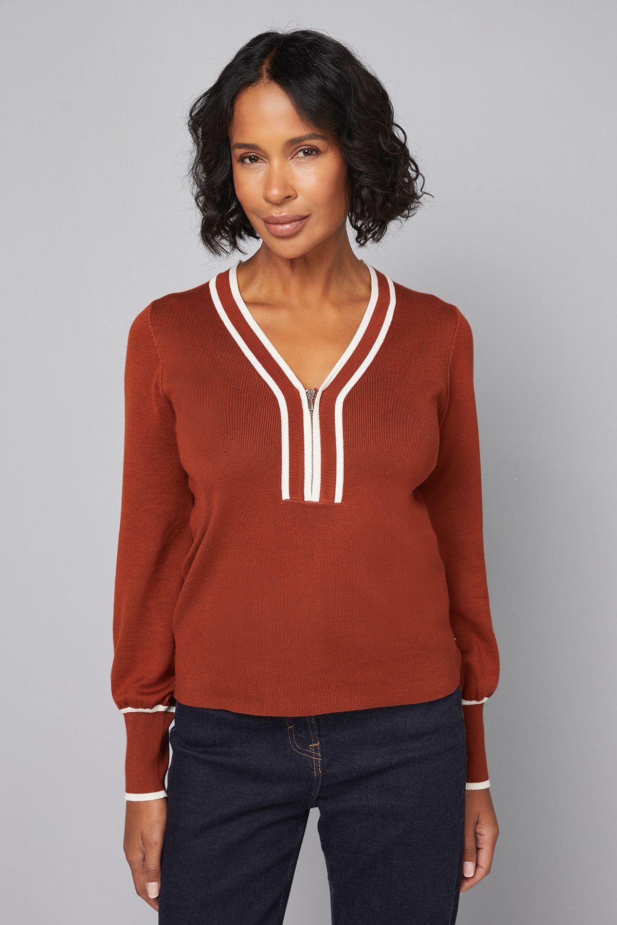 Zip Front Tipped Knitted Top by WALLIS