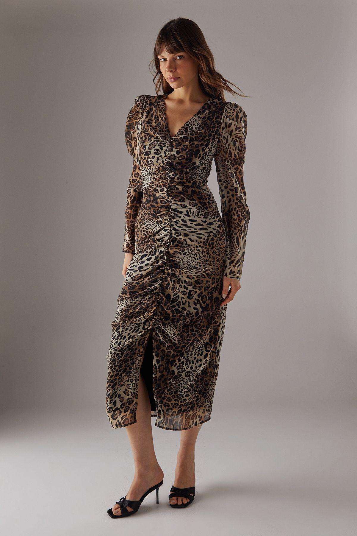 Animal Chiffon Ruched Plunge Button front Midi Dress by WAREHOUSE