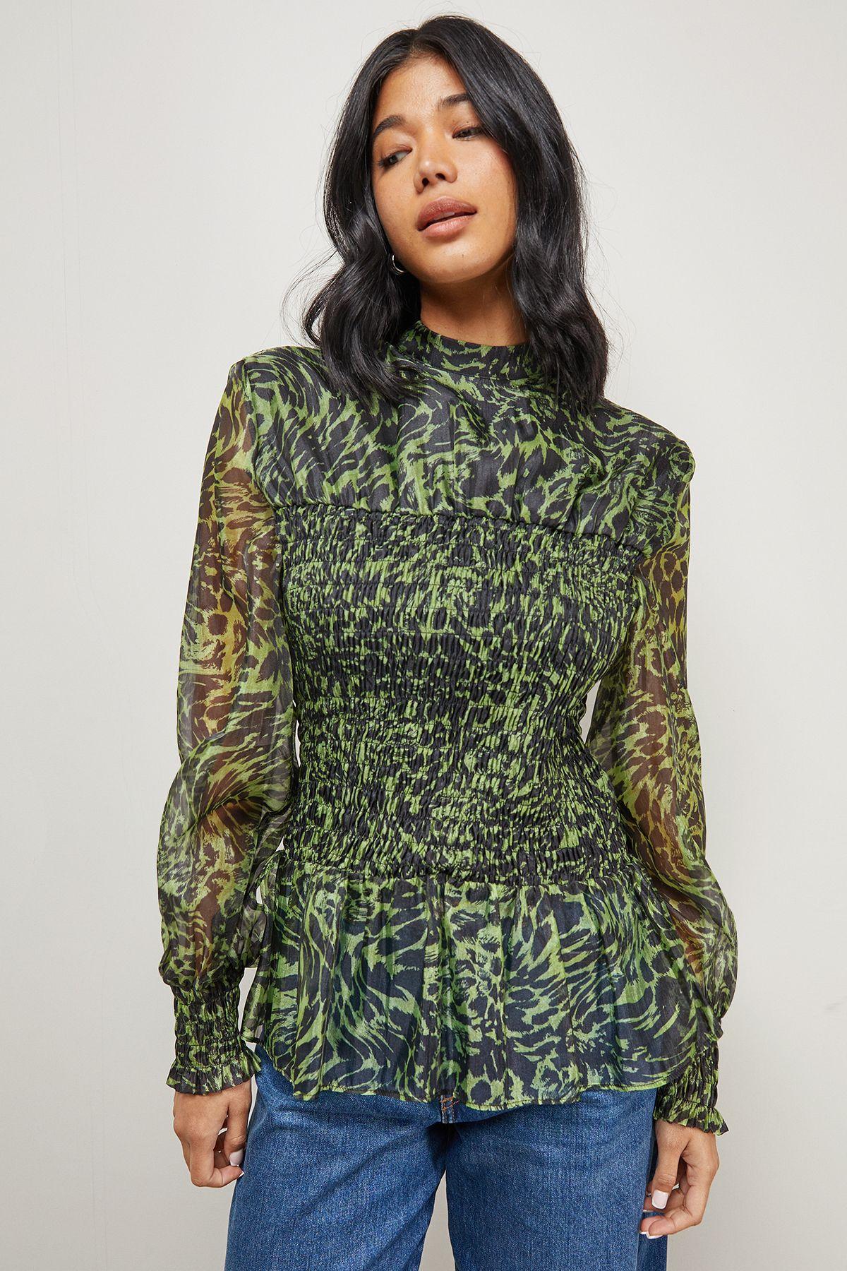 Animal Organza Shirring Blouson Sleeve Shirt by WAREHOUSE