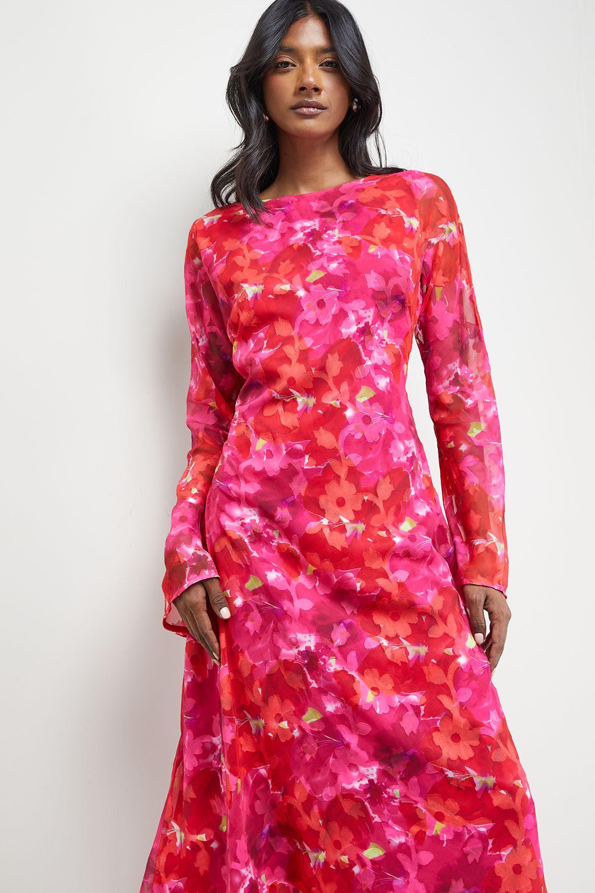 Burnout Floral Chiffon Slash Neck Bias Midi Dress by WAREHOUSE