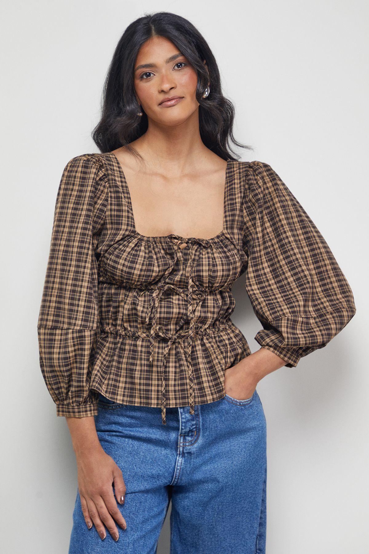 Check Tie Front Square Neck Blouse by WAREHOUSE