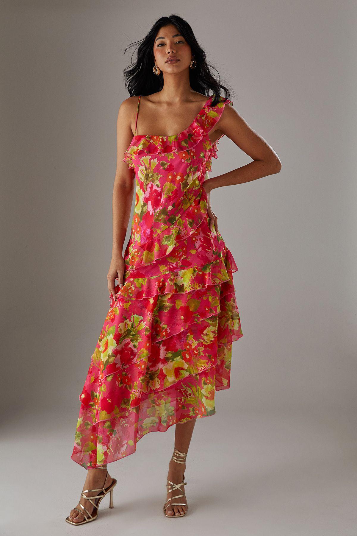 Chiffon Asymmetric Hem Ruffle Midi Slip Dress by WAREHOUSE