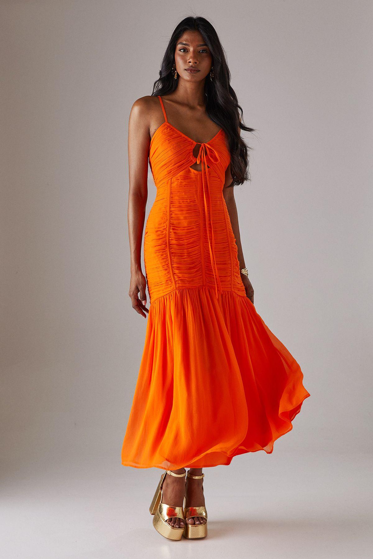 Chiffon Gathered Channel Strappy Midi Dress by WAREHOUSE