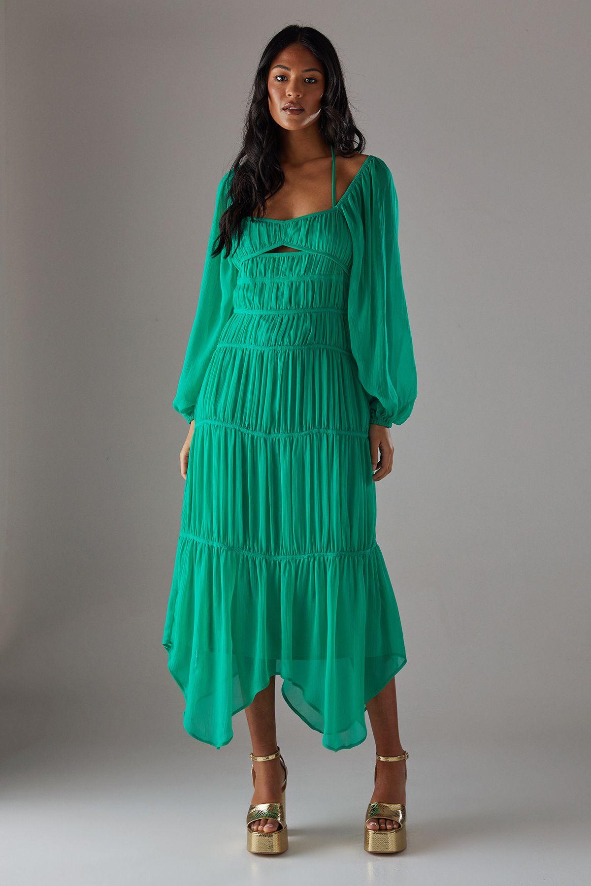 Chiffon Gathered Seam Halter Tie Hanky Hem Midi Dress by WAREHOUSE