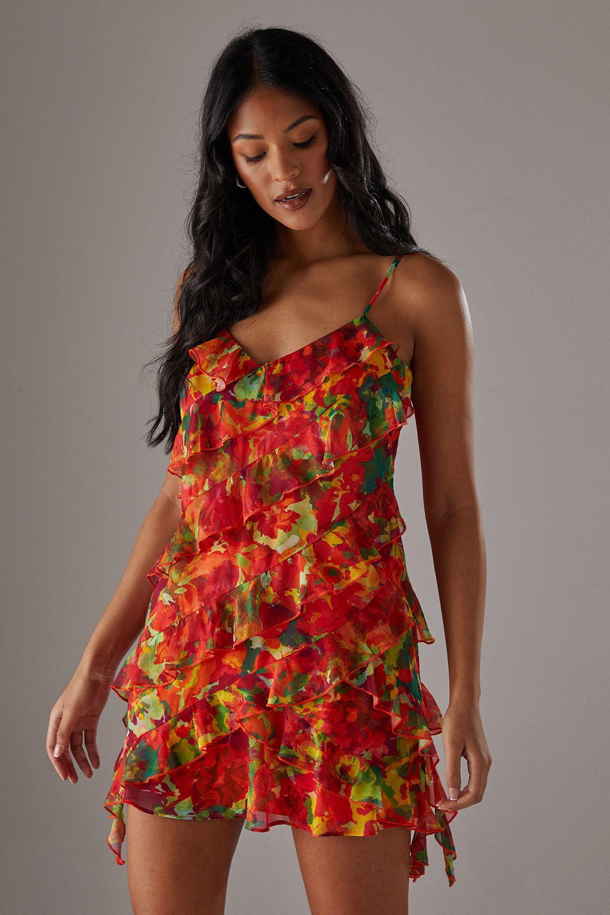 Chiffon Ruffle Strappy Mini Dress by WAREHOUSE