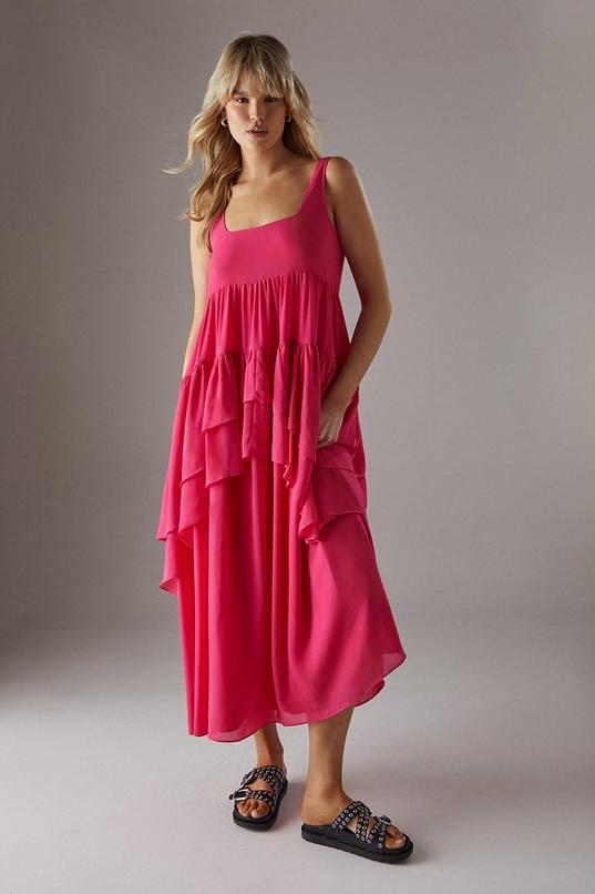 Chiffon Ruffle Tier Smock Midi Sundress by WAREHOUSE