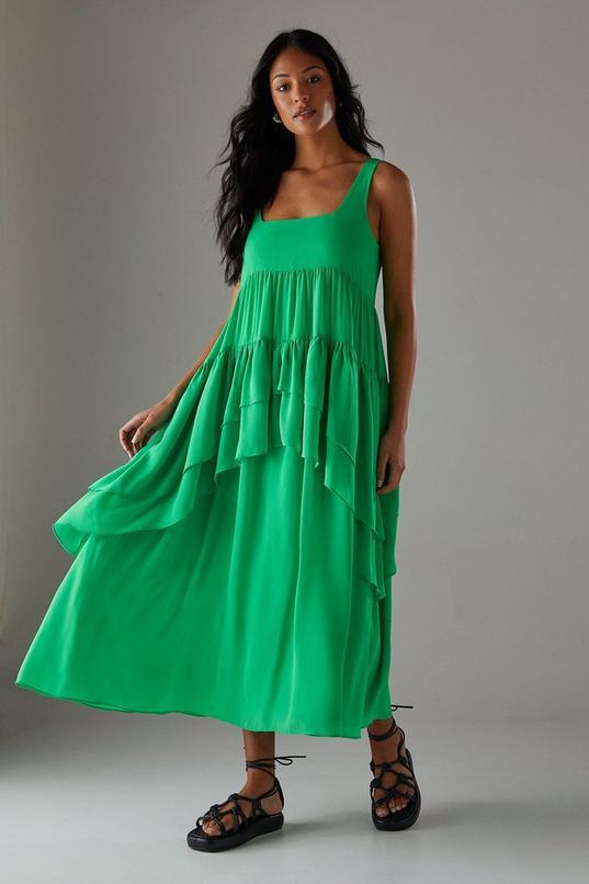 Chiffon Ruffle Tier Smock Midi Sundress by WAREHOUSE