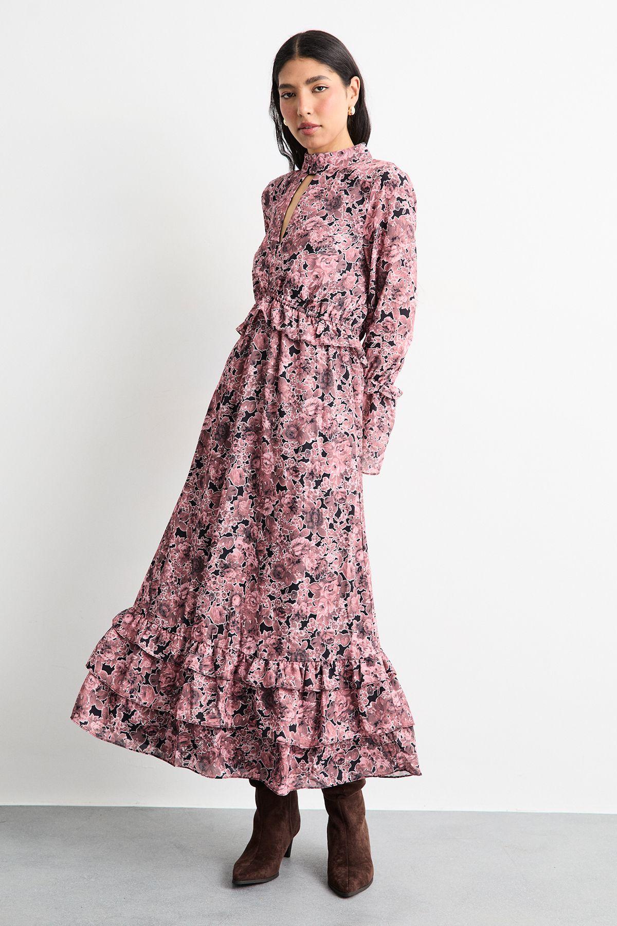 Chiffon Shirred Frill Detail High Neck Midi Dress by WAREHOUSE
