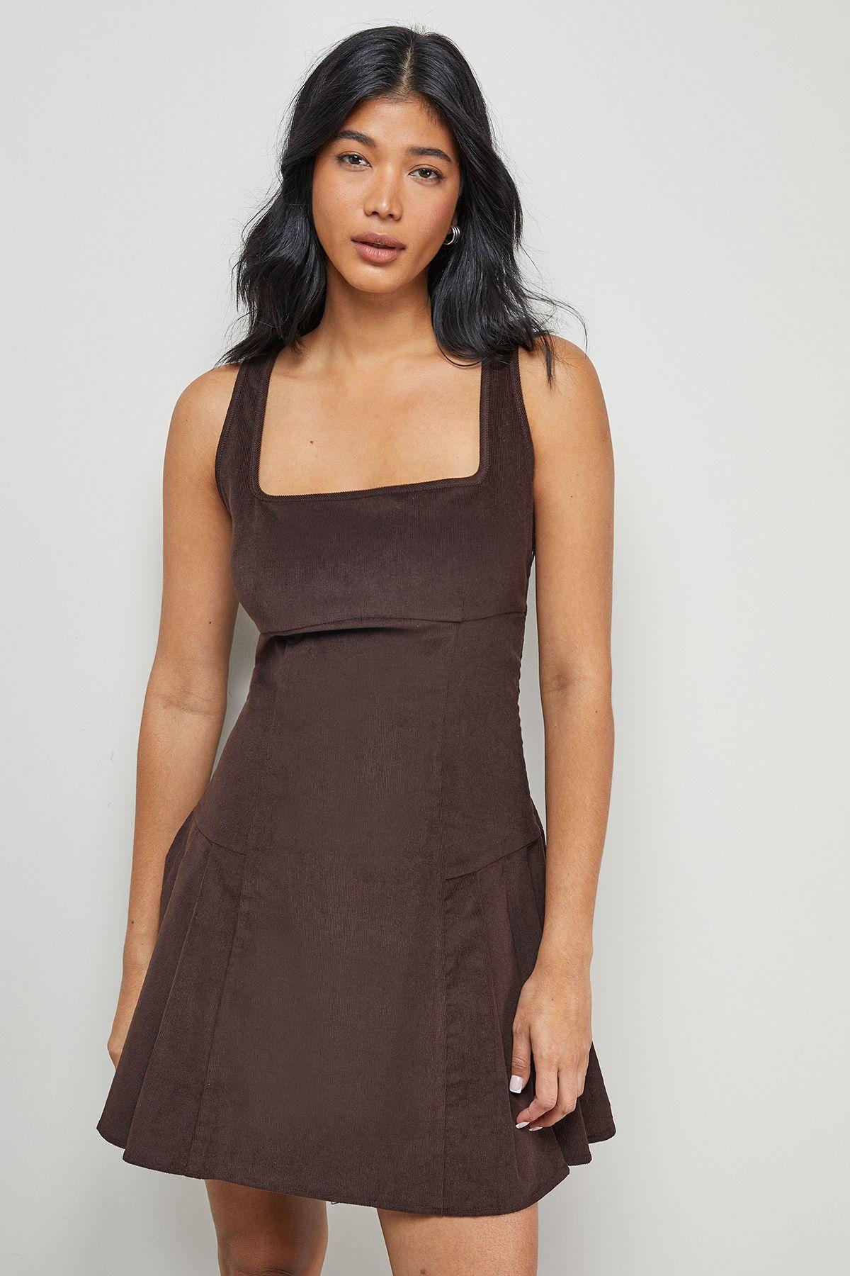 Cord Square Neck Pinafore Mini Dress by WAREHOUSE