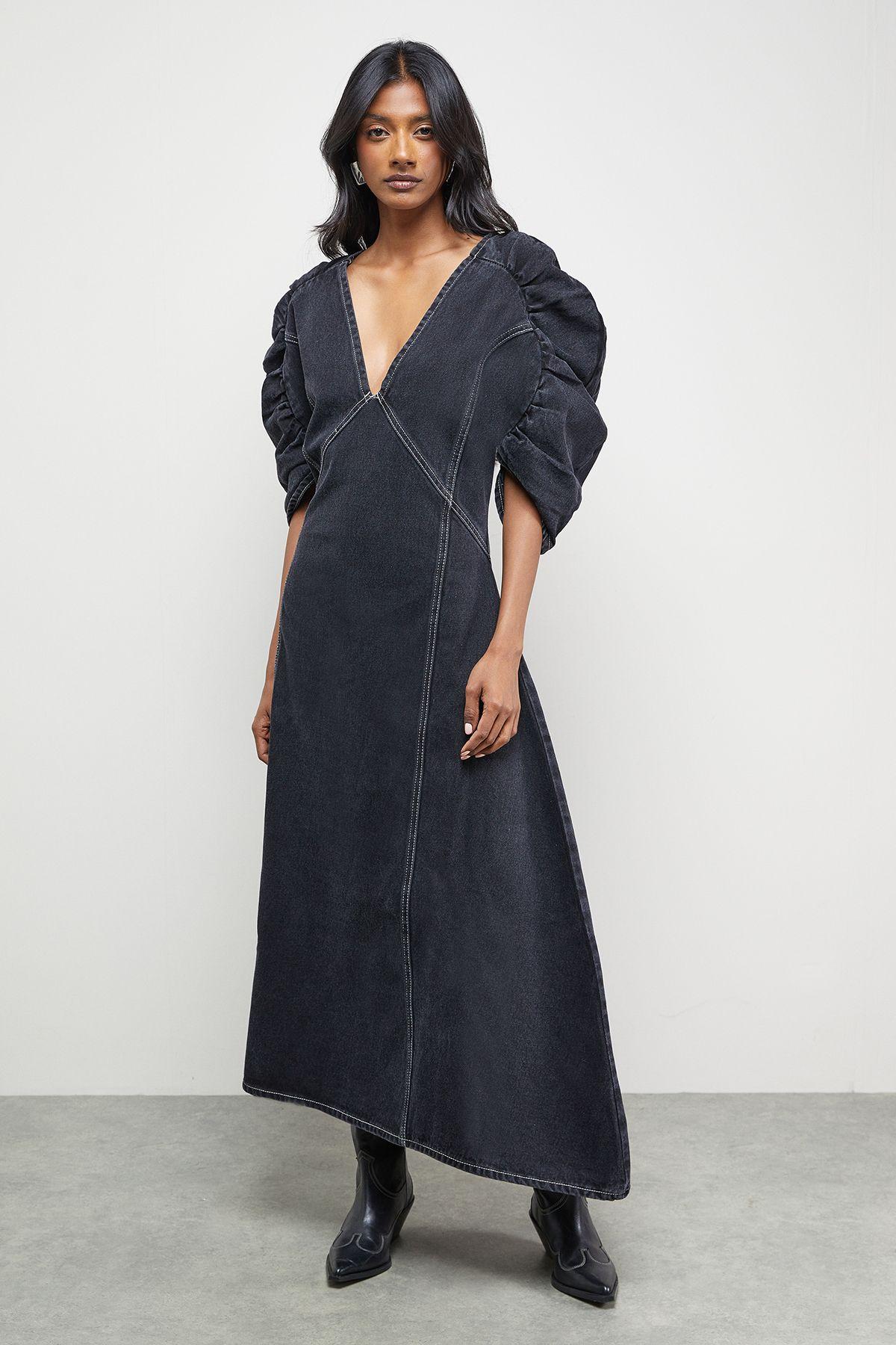 Denim Gathered Shoulder Seam Detail Midi Dress by WAREHOUSE