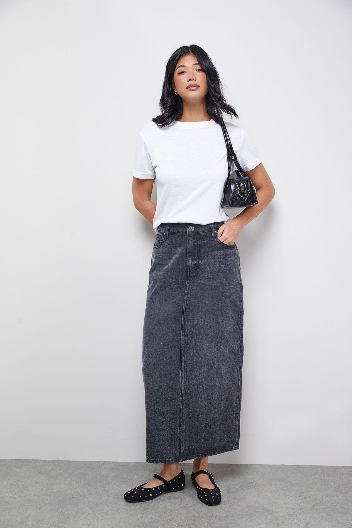 Denim Mid Waist Midaxi Skirt by WAREHOUSE