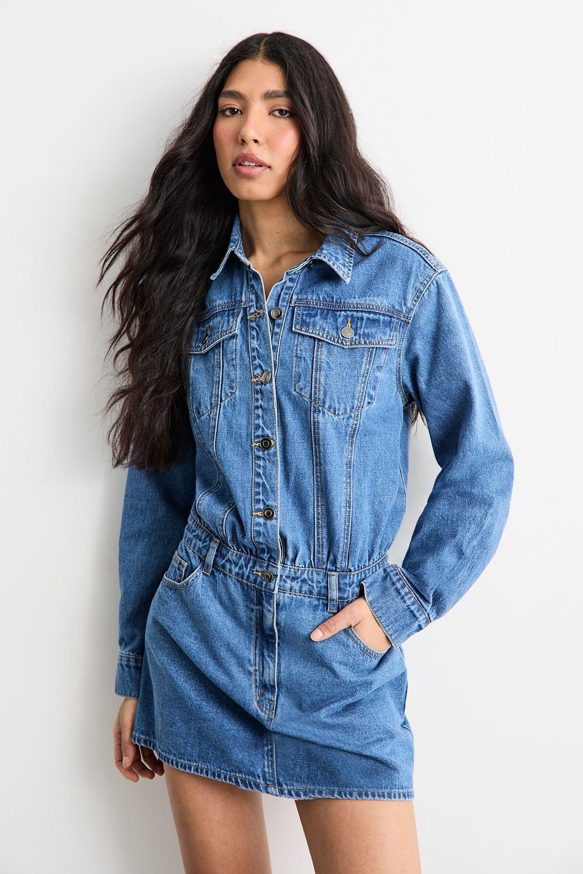 Denim Shirt Mini Dress by WAREHOUSE