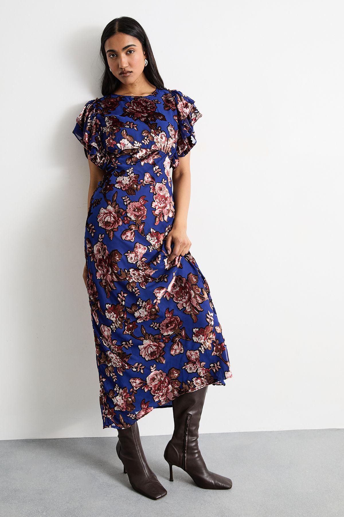 Devore Ruffle Sleeve Maxi Dress by WAREHOUSE
