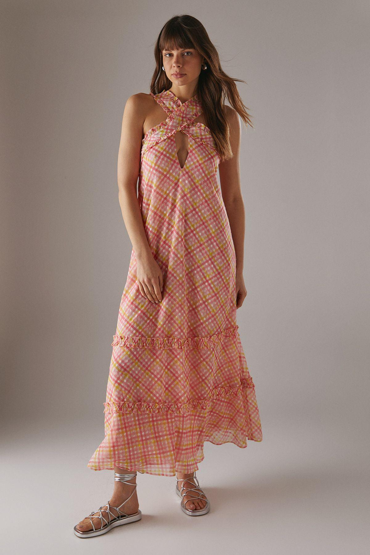 Dobby Chiffon Frill Halter Tier Ruffle Maxi Dress by WAREHOUSE