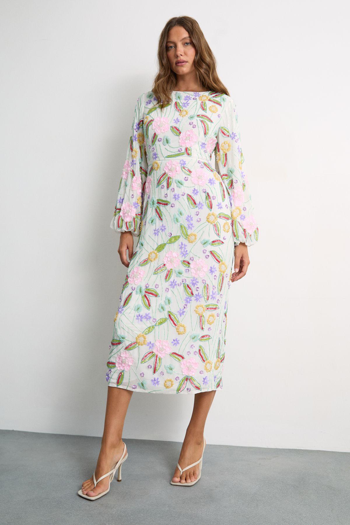 Embellished Long Sleeve Midi Dress by WAREHOUSE