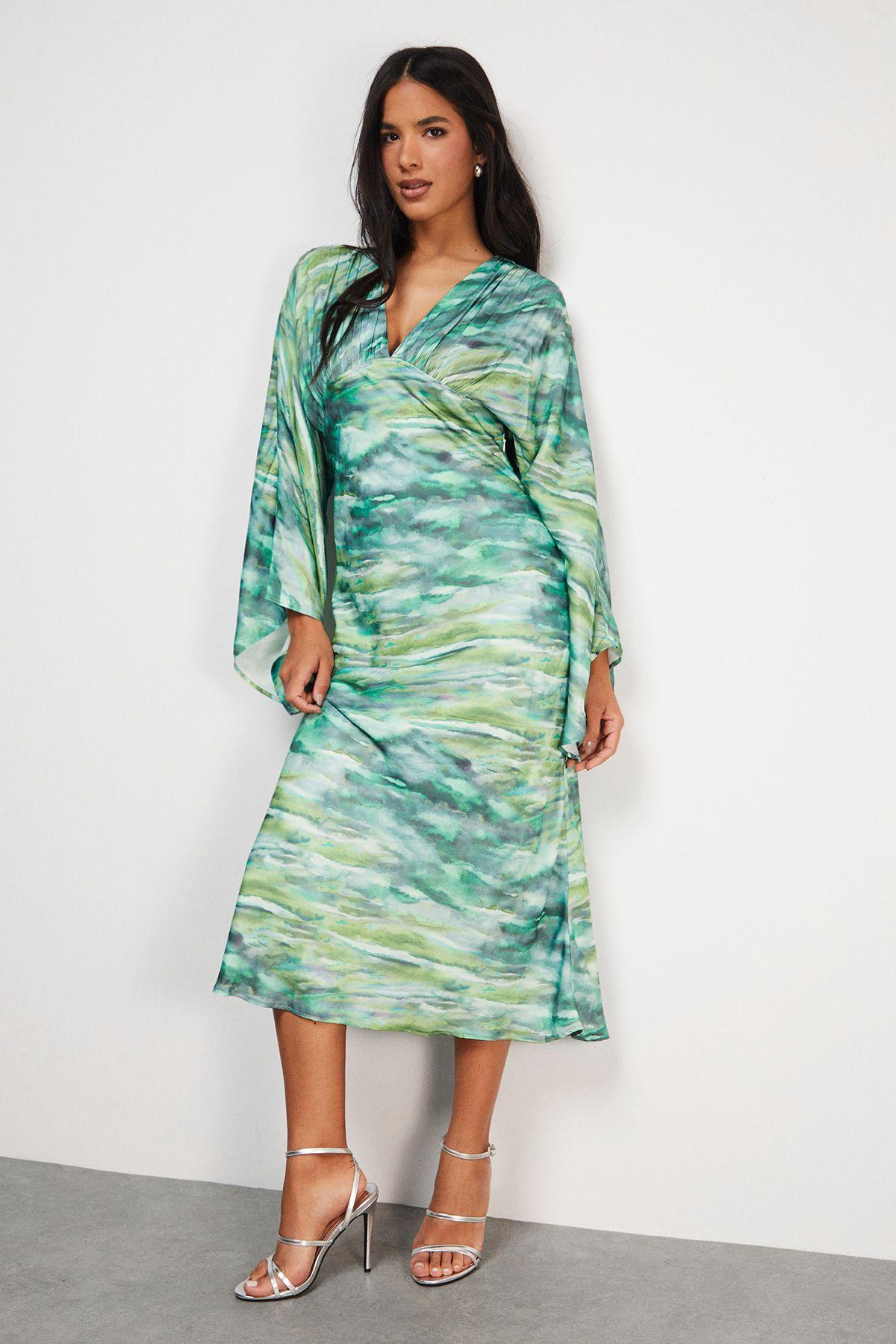 Flare Sleeve Plunge Satin Midi Dress by WAREHOUSE