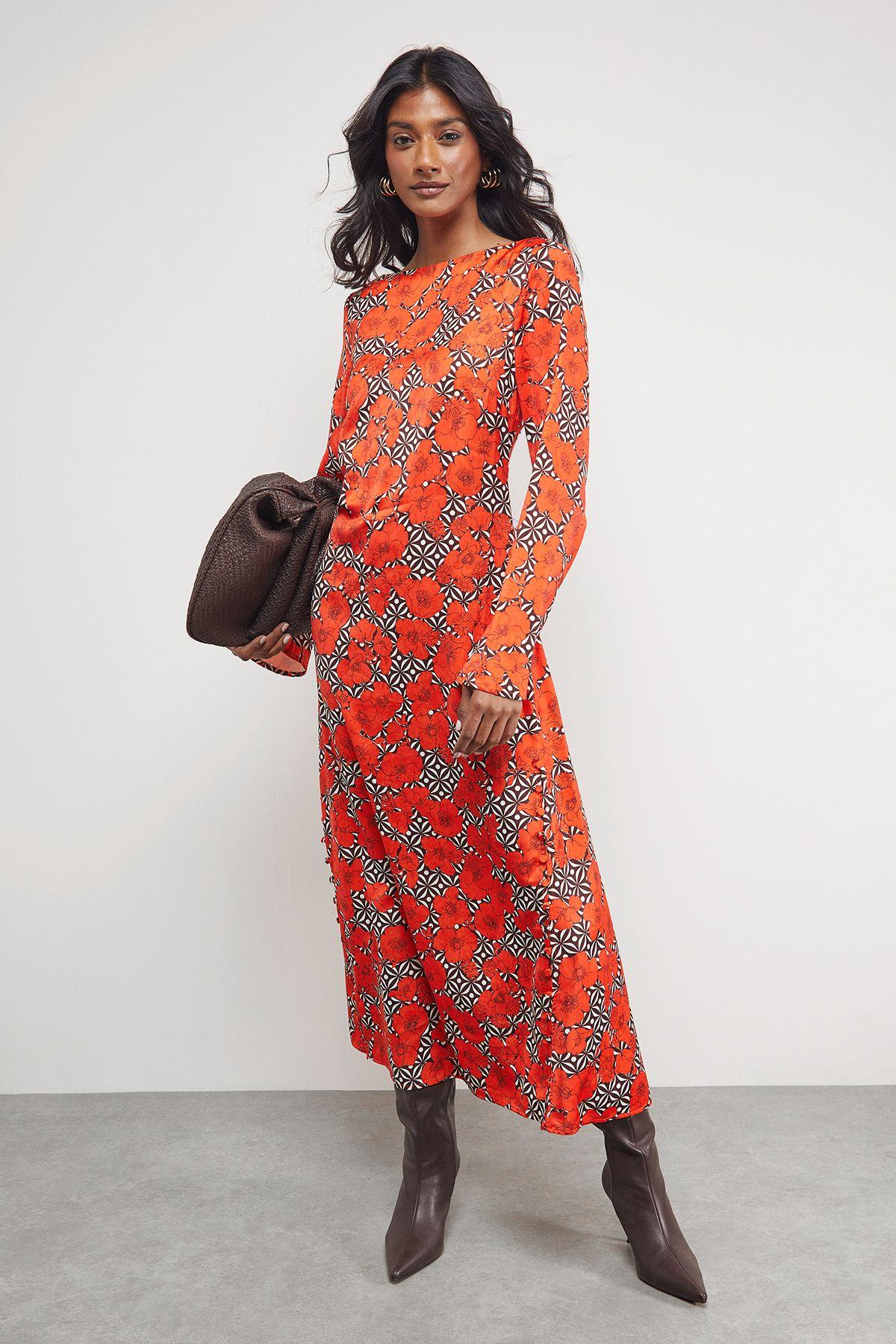 Floral Crinkle Satin Bias Button Side Midi Dress by WAREHOUSE