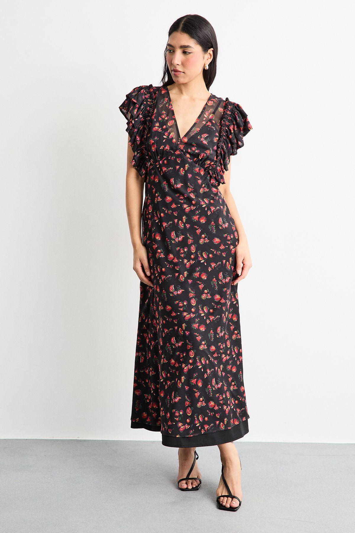 Floral Print Ruffled Sleeve V Neck Maxi Dress by WAREHOUSE
