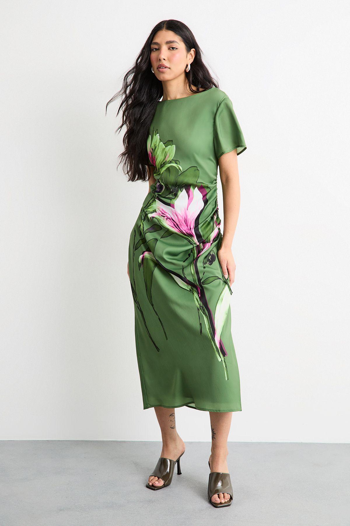 Floral Printed Drawstring Waist Short Sleeve Midi Dress by WAREHOUSE
