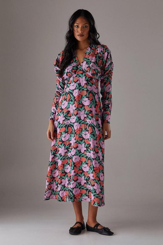 Floral Viscose V Neck Long Puff Sleeve Midi Dress by WAREHOUSE