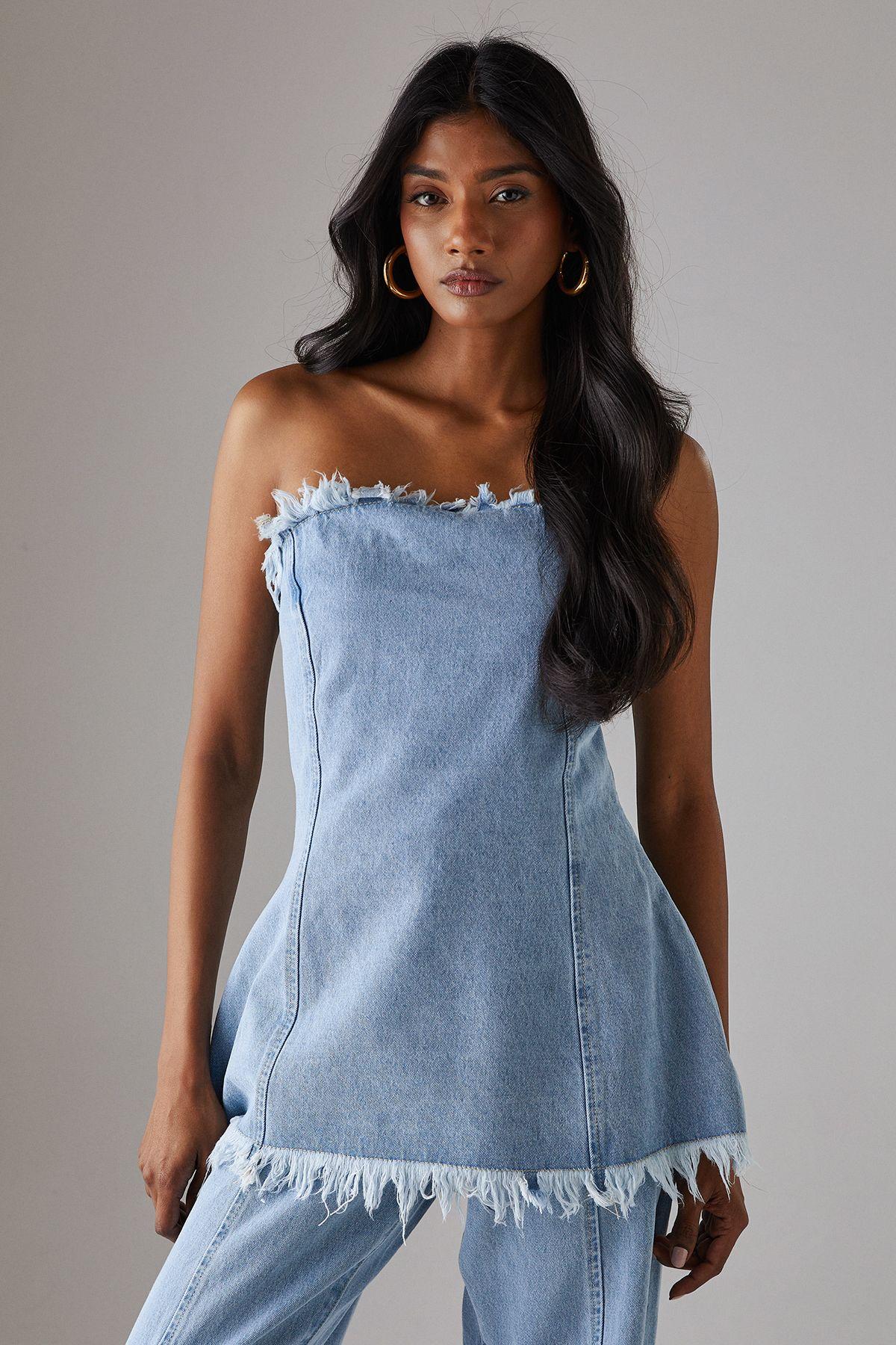 Fray Detail Denim Bandeau Top by WAREHOUSE