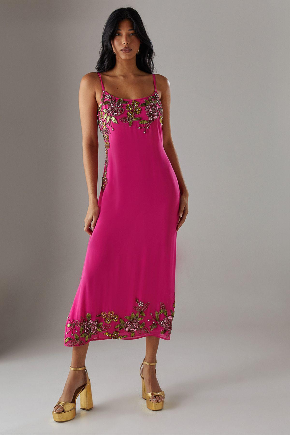 Hand Embellished Strappy Bias Sequin Midi Dress by WAREHOUSE