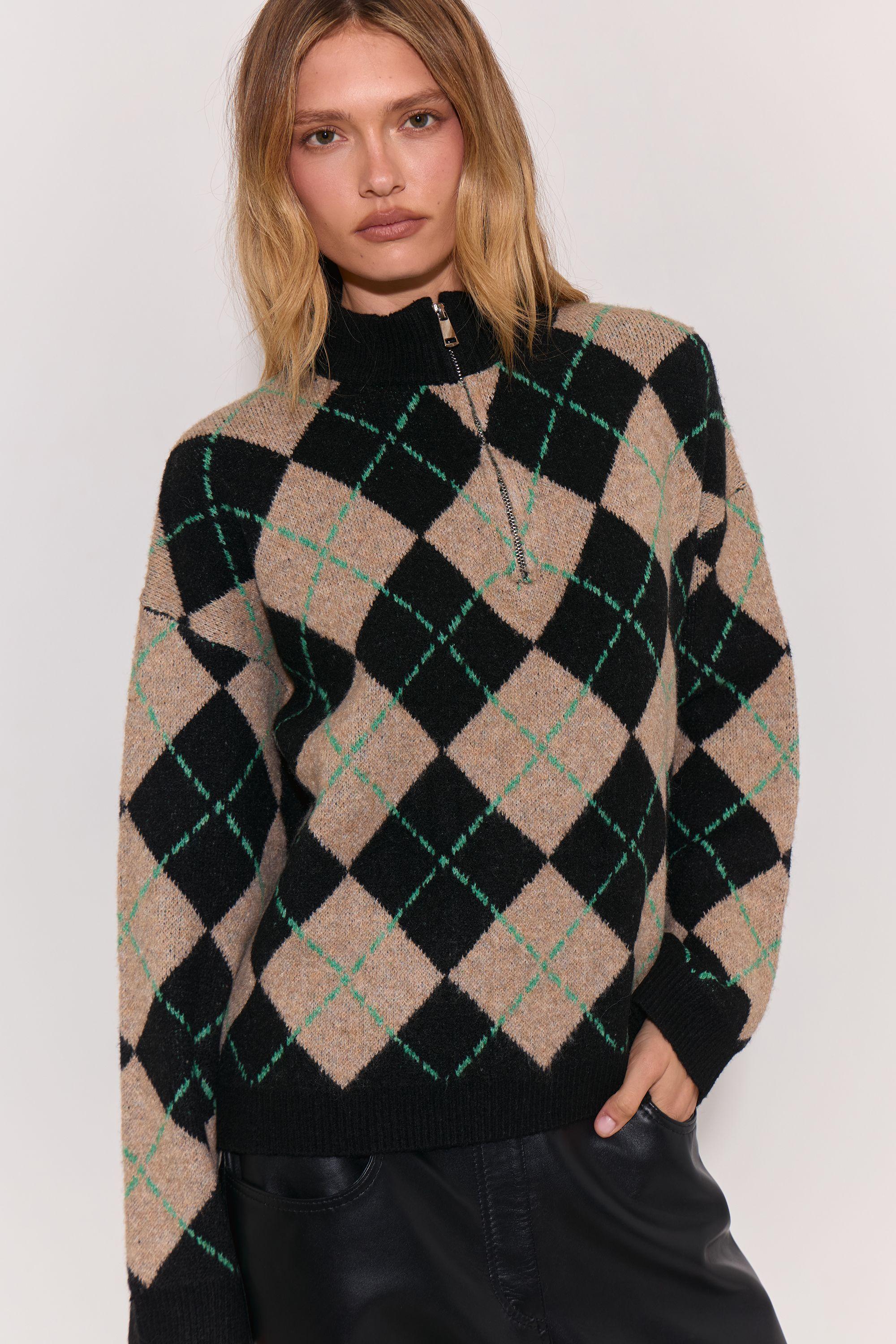 High Neck Rib Detail Check Knitted Jumper by WAREHOUSE
