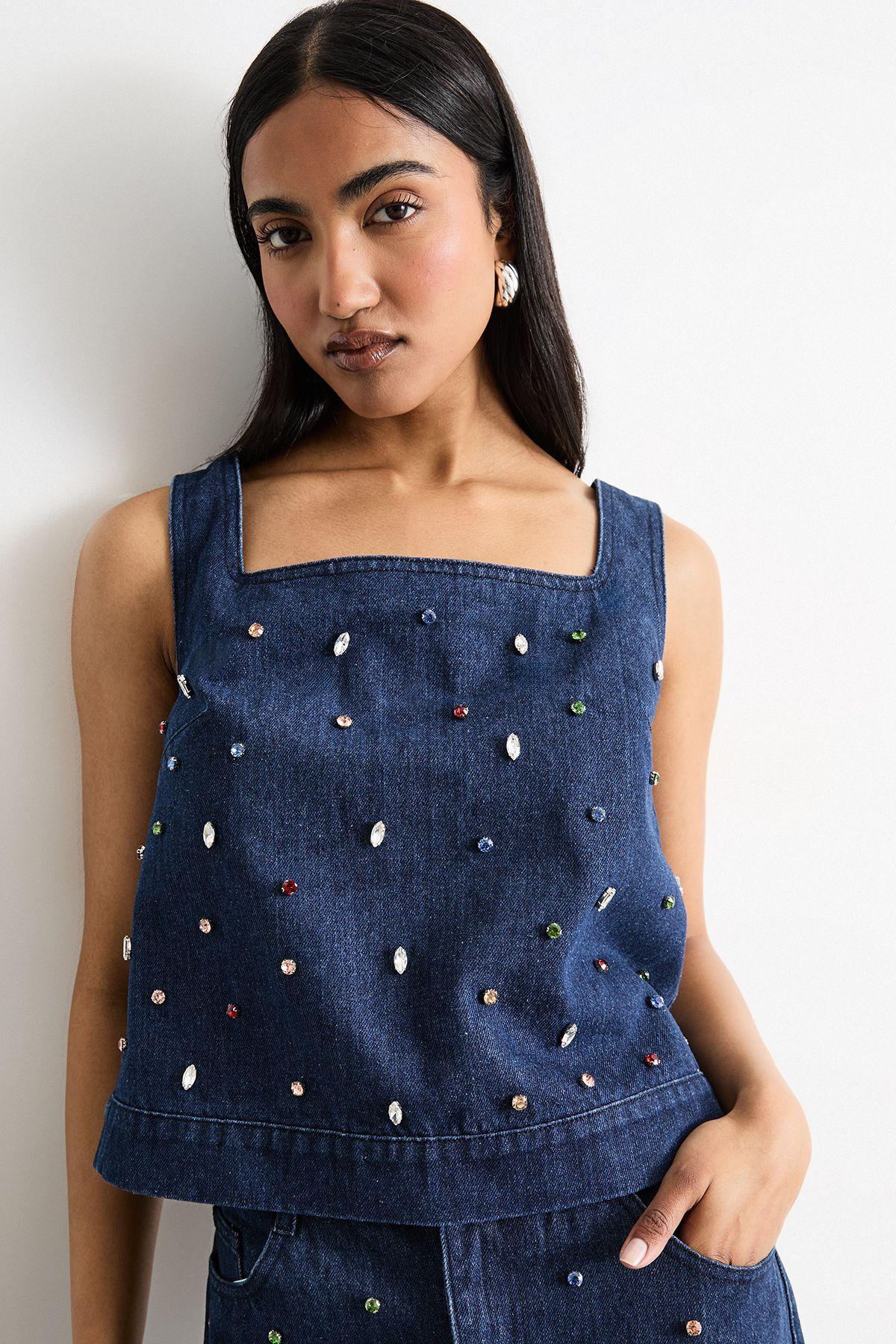 Hotfix Embellished Denim Square Neck Top by WAREHOUSE