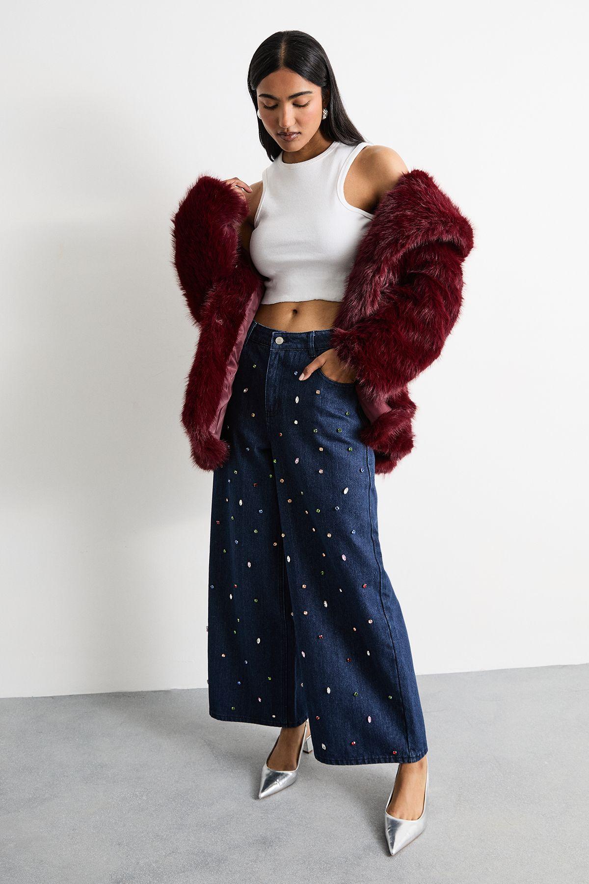 Hotfix Embellished High Waisted Wide Leg Denim Jean by WAREHOUSE Hotfix Embellished High Waisted Wide Leg Denim Jean by WAREHOUSE