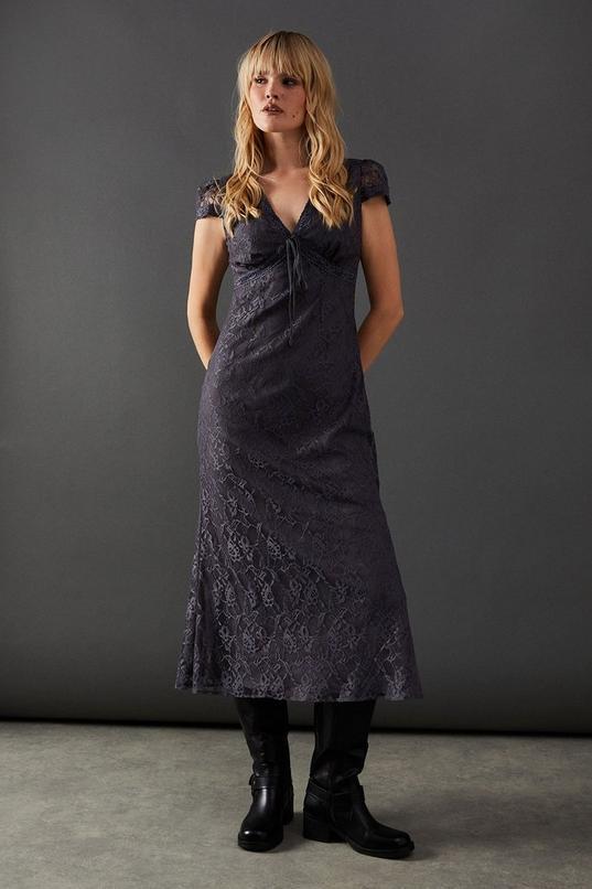 Lace Cap Sleeve Bow Front Midi Tea Dress by WAREHOUSE