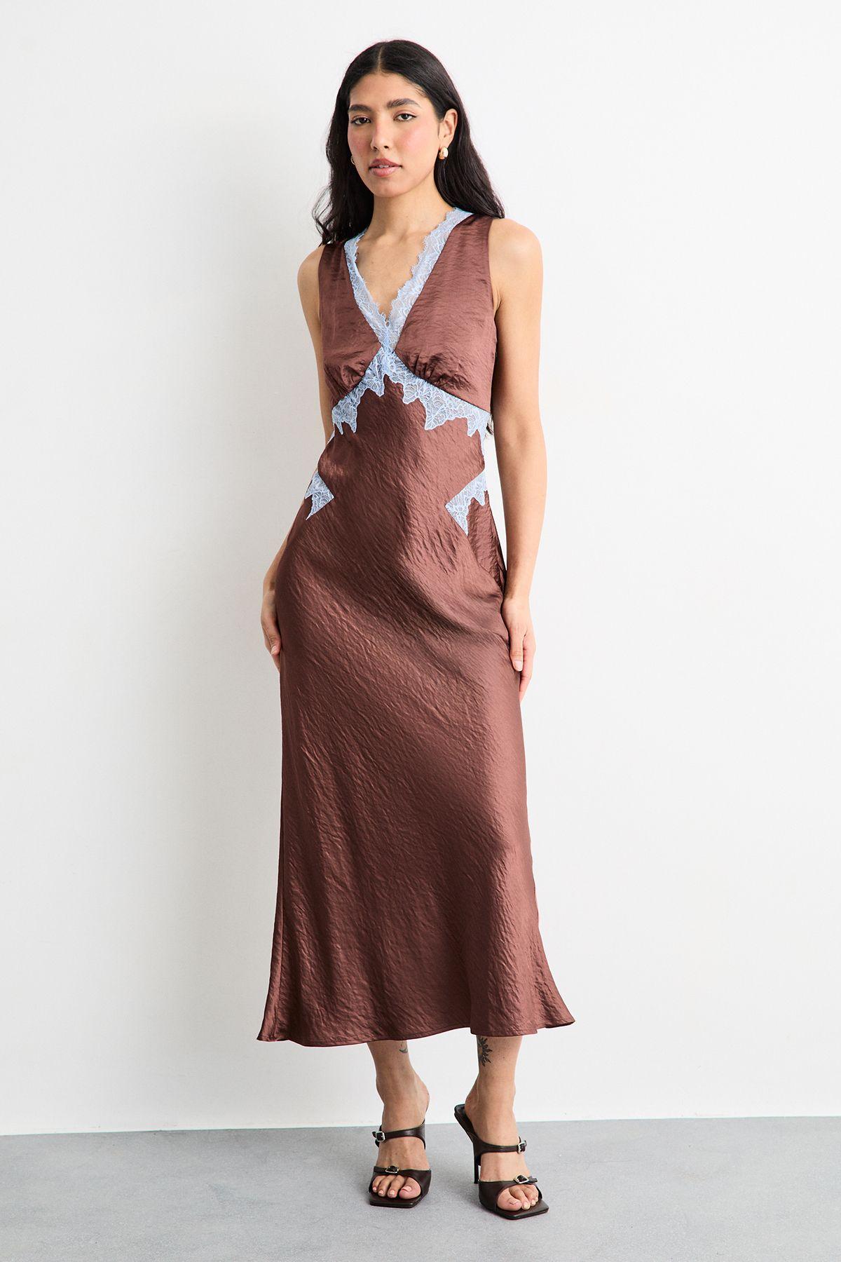 Lace Embroidered Insert Midi Bias Dress by WAREHOUSE