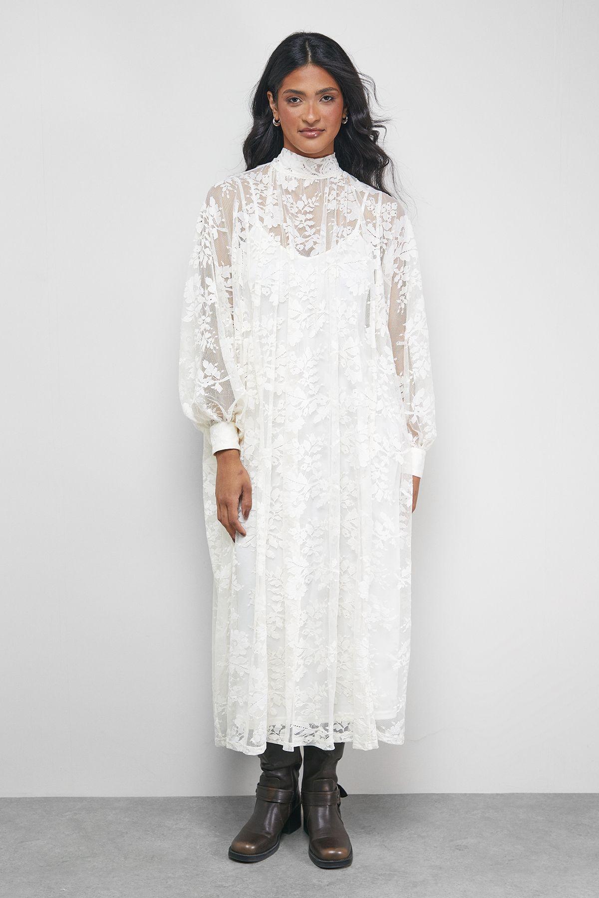 Lace High Neck Smock Midi Dress by WAREHOUSE