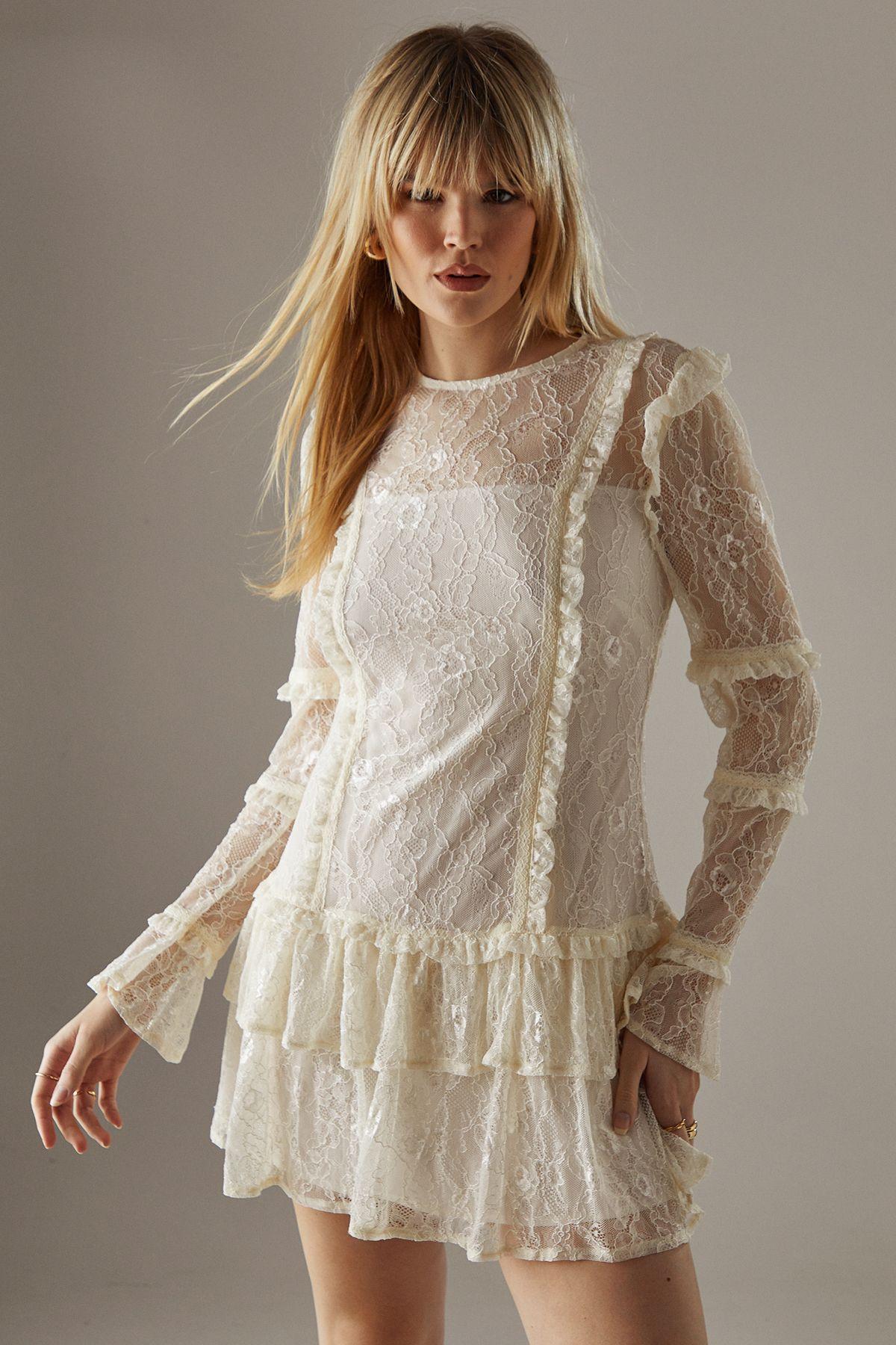 Lace Ruffle Insert Mini Dress by WAREHOUSE
