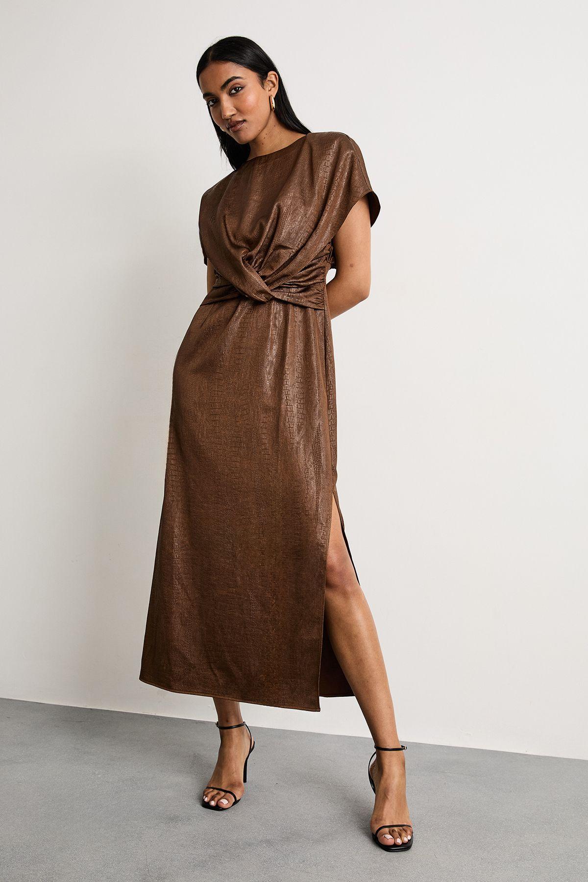 Leather Look Satin Twist Front Detail Midi Dress by WAREHOUSE