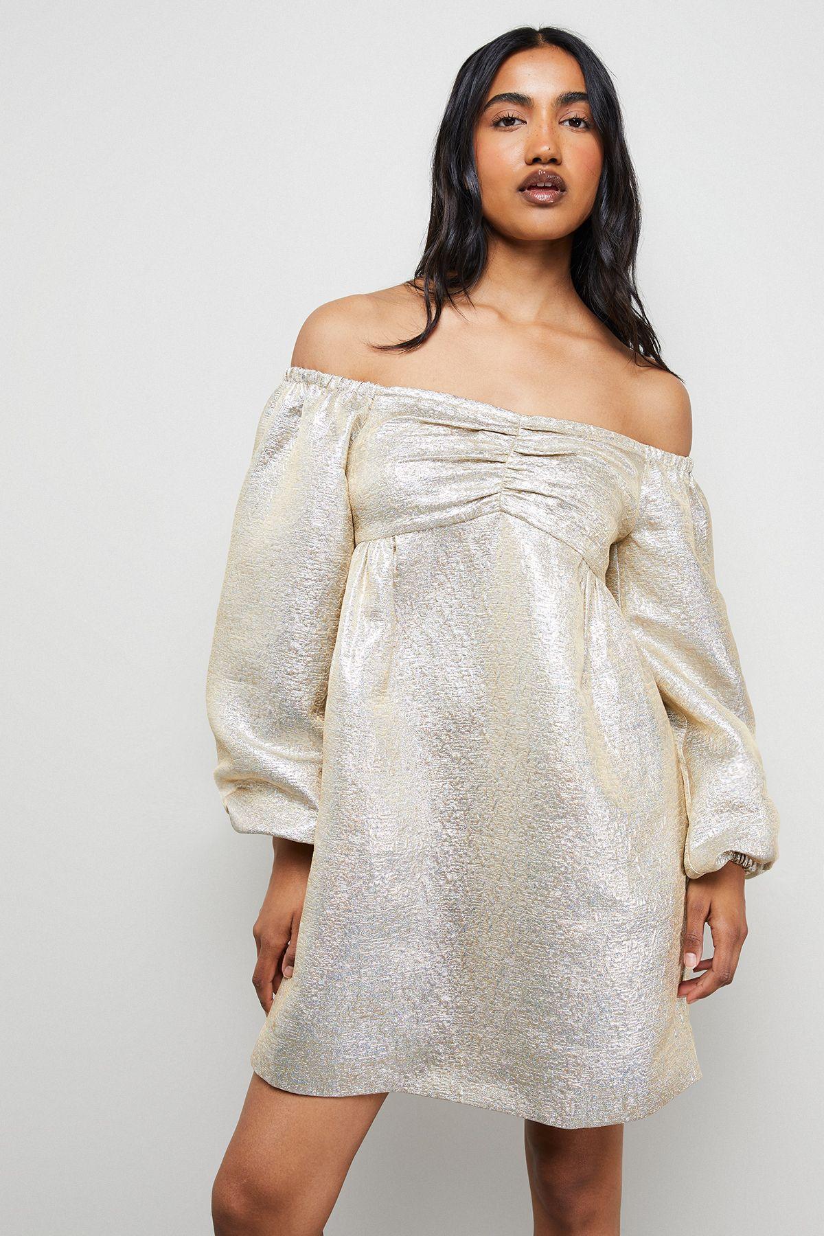 Metallic Jacquard Bardot Balloon Sleeve Mini Dress by WAREHOUSE