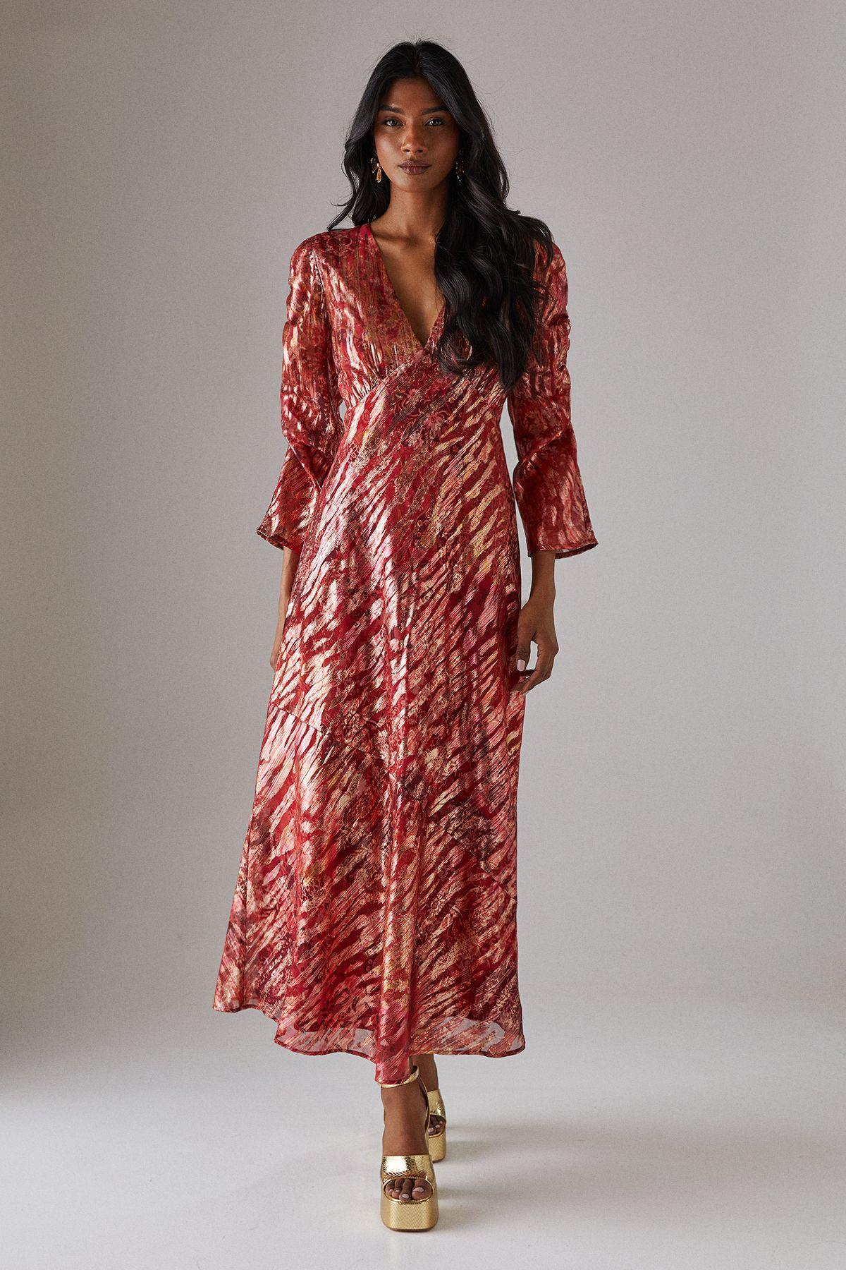 Metallic Jacquard Ruched Sleeve Plunge Neck Bias Midi Dress by WAREHOUSE