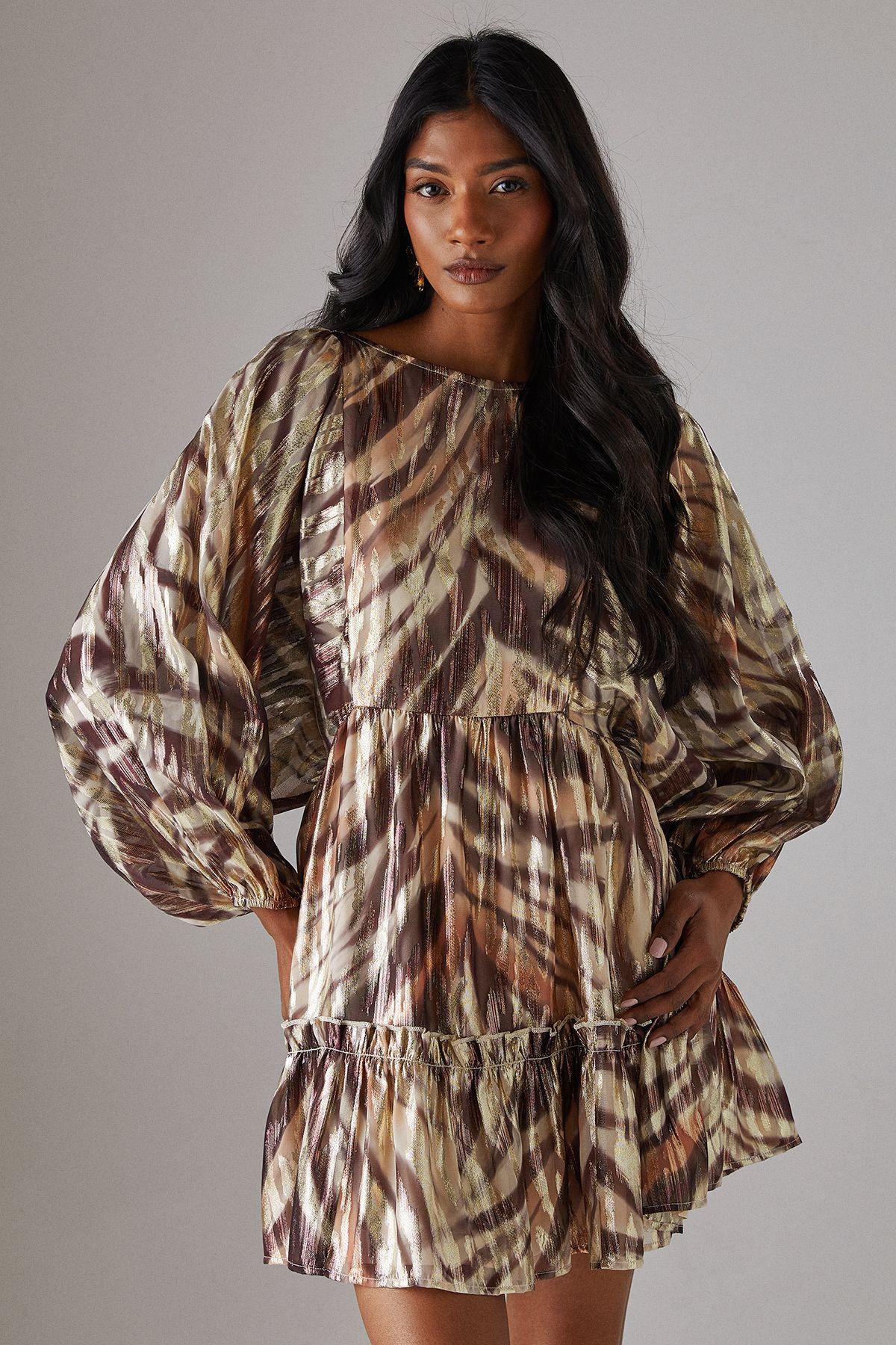 Metallic Jacquard Volume Sleeve Mini Dress by WAREHOUSE