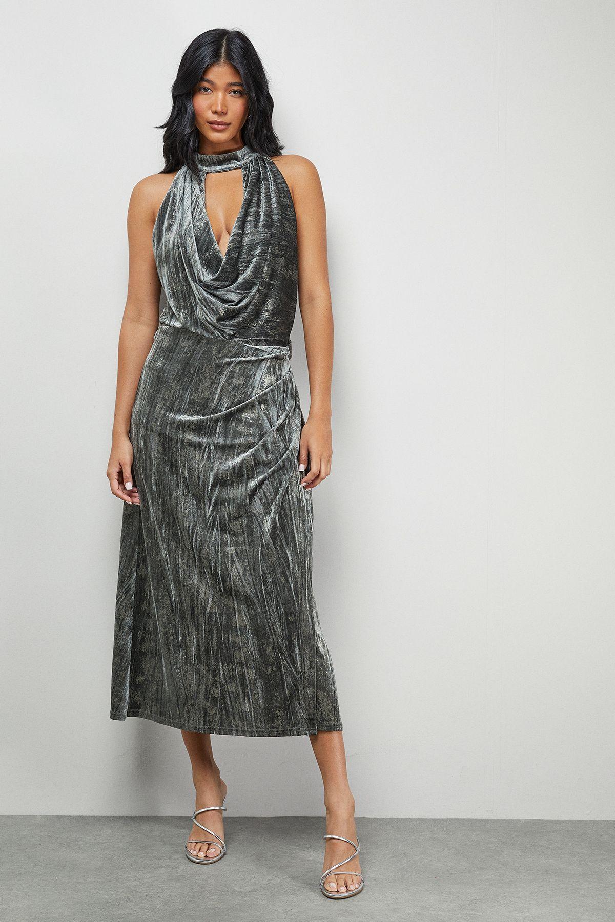 Metallic Velvet Halter Cowl Neck Midi Dress by WAREHOUSE
