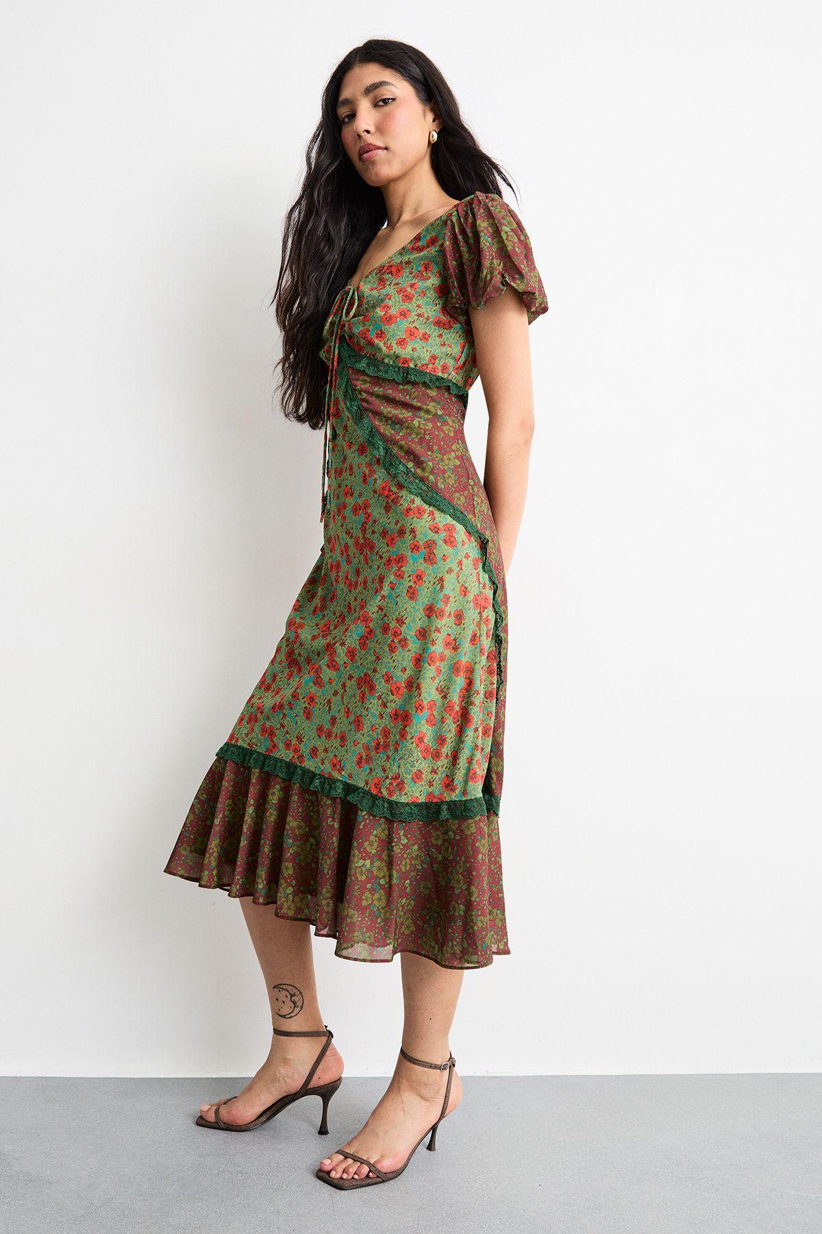 Mixed Floral Georgette Lace Insert Tendril Hem Midi Tea Dress by WAREHOUSE