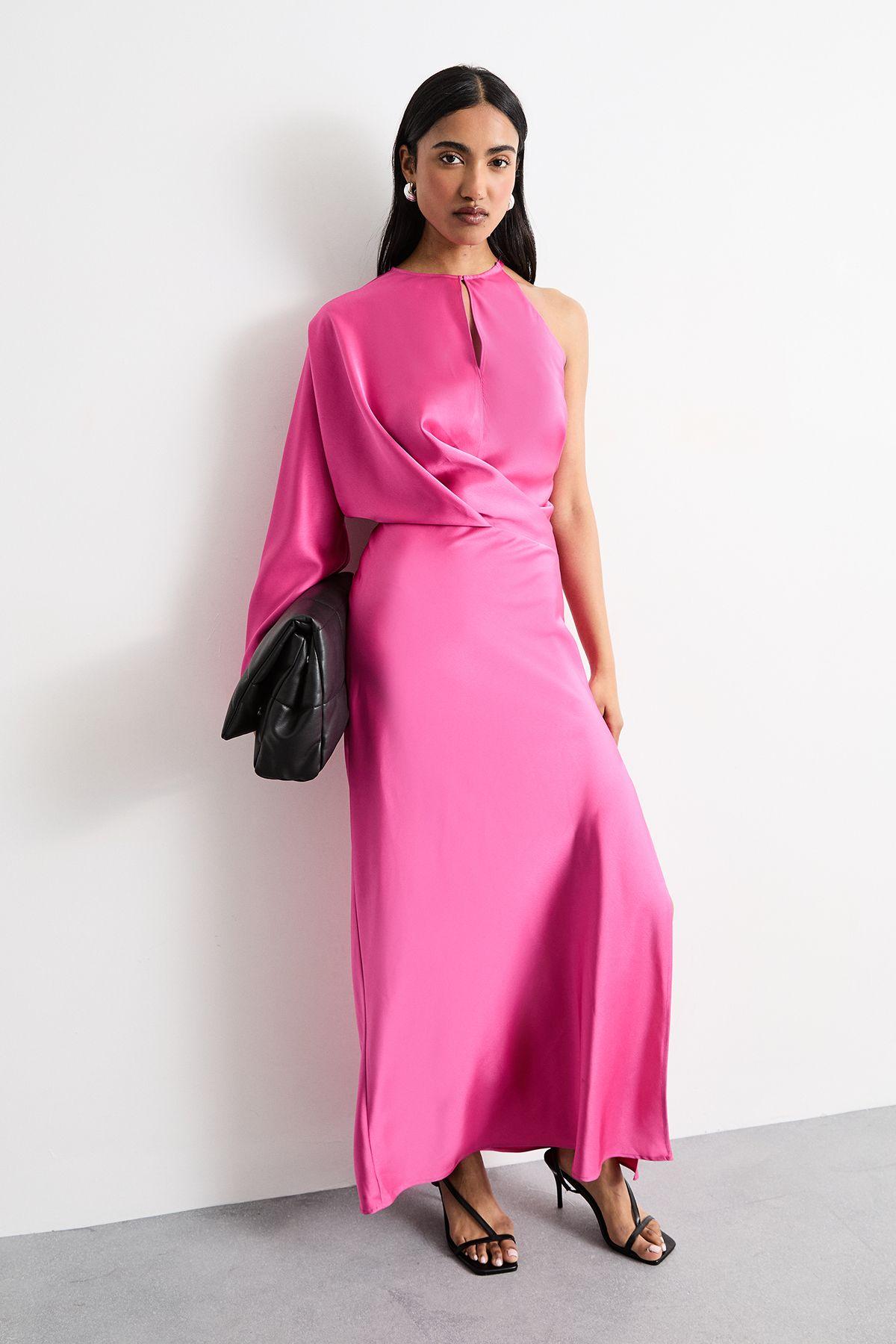 One Shoulder Twist Front Keyhole Satin Maxi Dress by WAREHOUSE