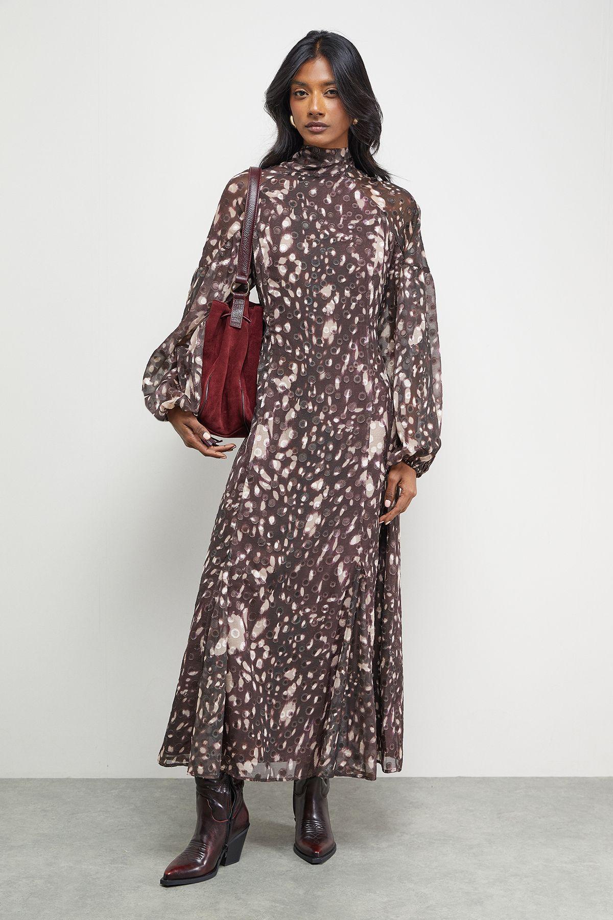 Paisley Burnout Spot High Neck Godet Midi Dress by WAREHOUSE