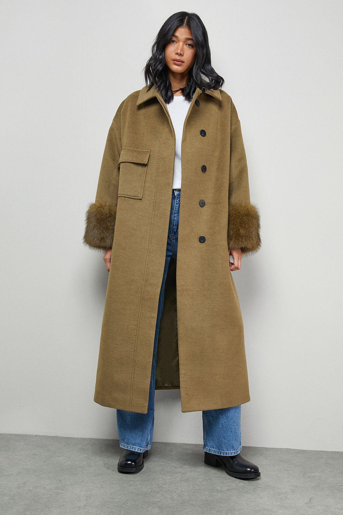 Patch Pocket Faux Fur Cuff Maxi Coat by WAREHOUSE