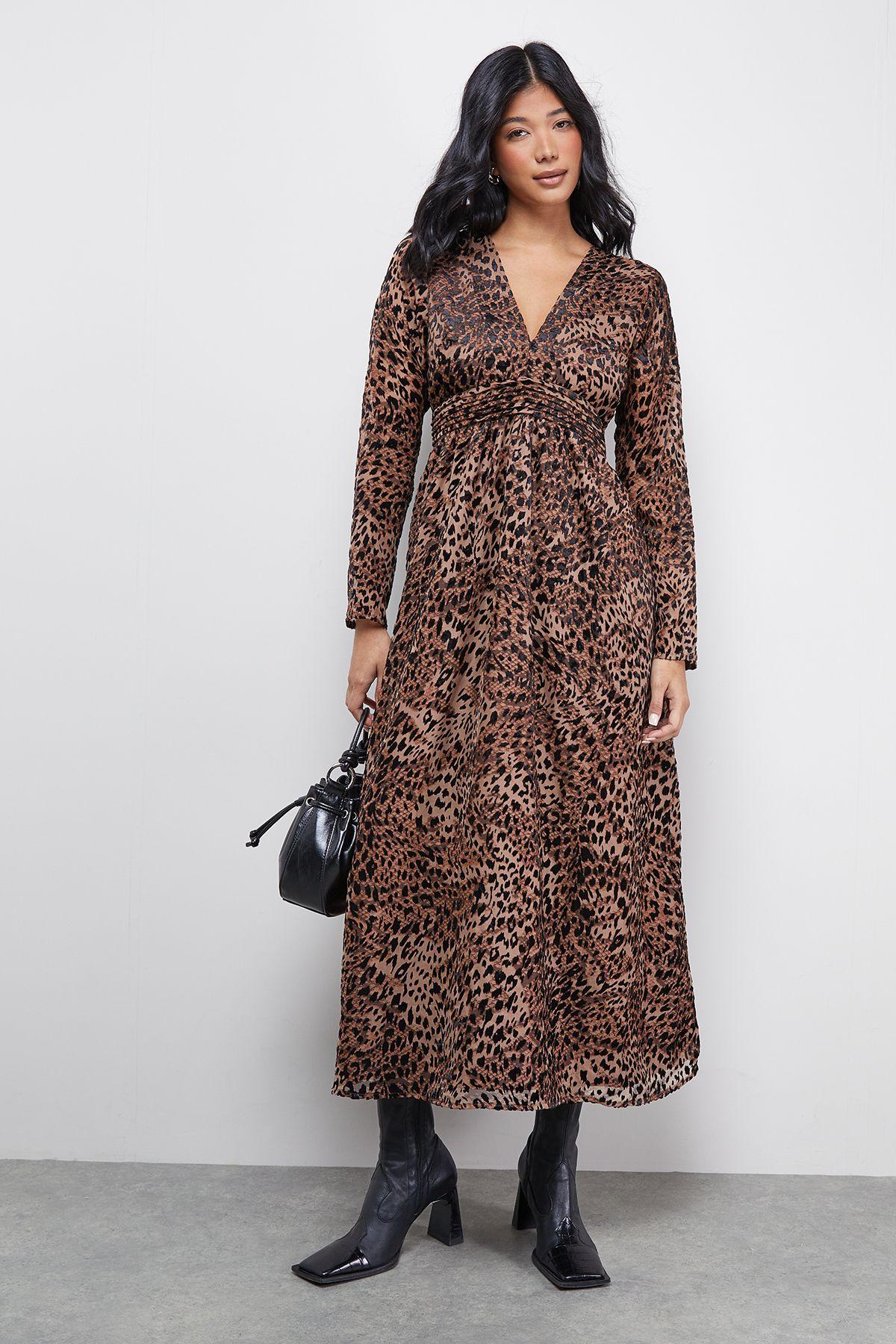 Petite Burnout Velvet Plunge Neck Waisted Midi Dress by WAREHOUSE