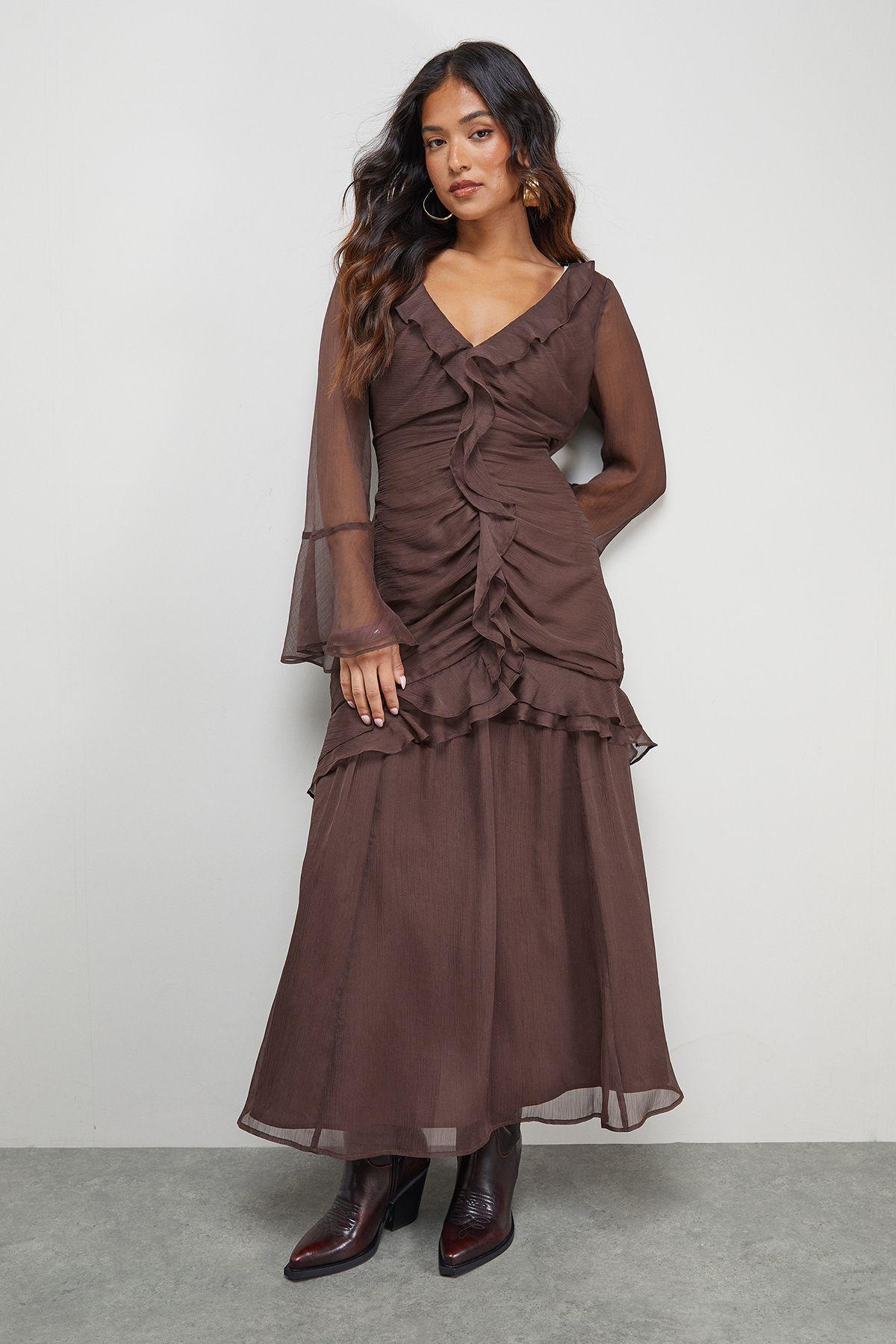 Petite Chiffon Ruffle Gathered Bodice Midi Dress by WAREHOUSE