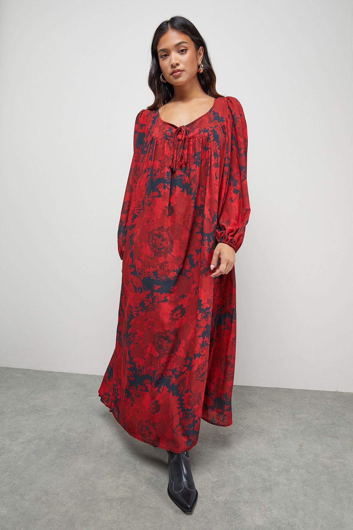 Petite Chiffon Tie Front Volume Midi Smock Dress by WAREHOUSE